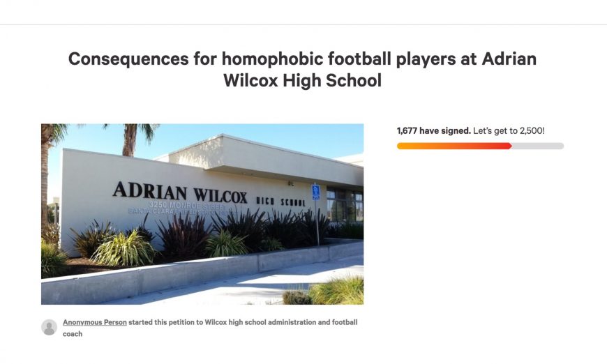 At a Wilcox High School football game, a male cheerleader may have been verbally harassed by football players. A petition has started.