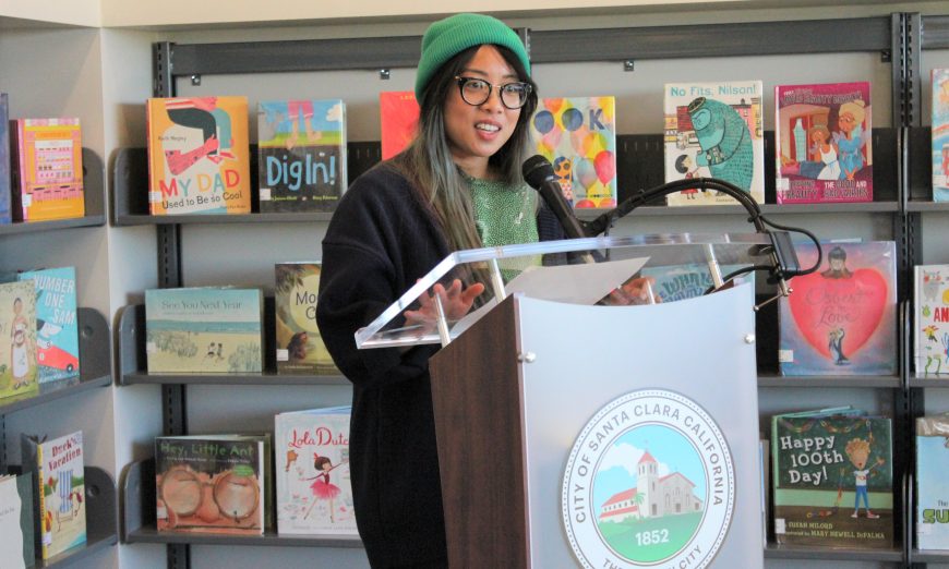 Artist Genevieve Santos and her new mural bring joy to Santa Clara's Northside Library. There was a ribbon cutting in the children's area.