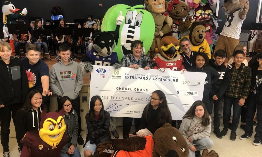 Pac-12 awarded Santa Clara Unified Teachers with checks. Cynthia Mallison, Cheryl Chase, Jennifer Zeitler and Ildiko Stennis all got $3K.