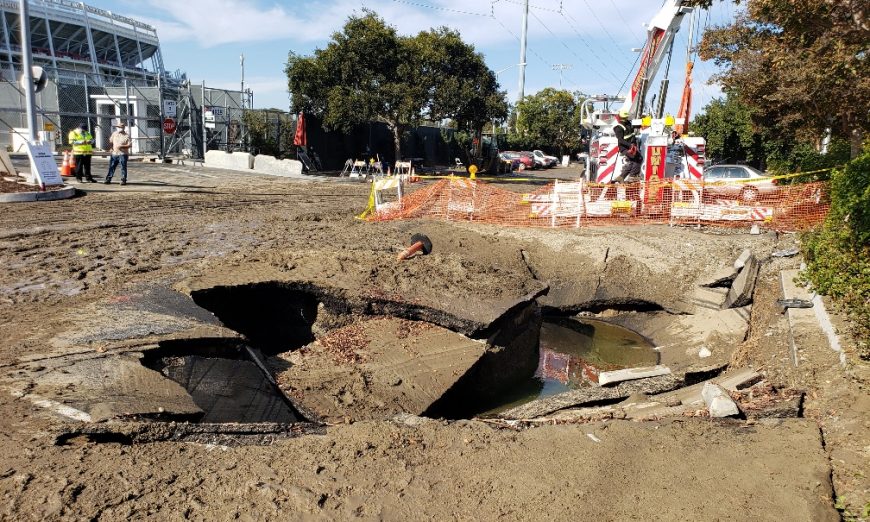 A sinkhole developed and ate two cars at the VTA parking lot near Santa Clara's Levi’s Stadium. The City says a water pipe leak occured.