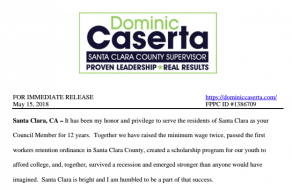 Santa Clara City Council Member Dominic Caserta Resigns and Suspends County Board of Supervisors Campaign