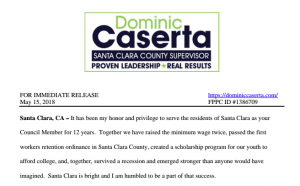 Santa Clara City Council Member Dominic Caserta Resigns and Suspends County Board of Supervisors Campaign