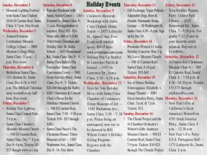 Holiday Events Calendar 2018