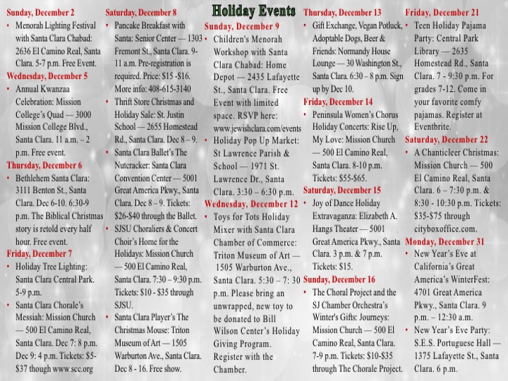 Holiday Events Calendar, Christmas, Kwanzaa, New Year's Eve