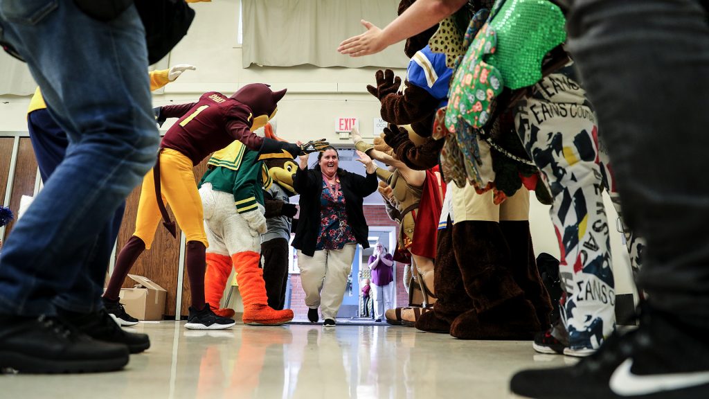 Santa Clara Teacher Receives $10,000 Surprise Stacy Butler High Fives Mascots, PAC-12 Pomeroy Elementary School,