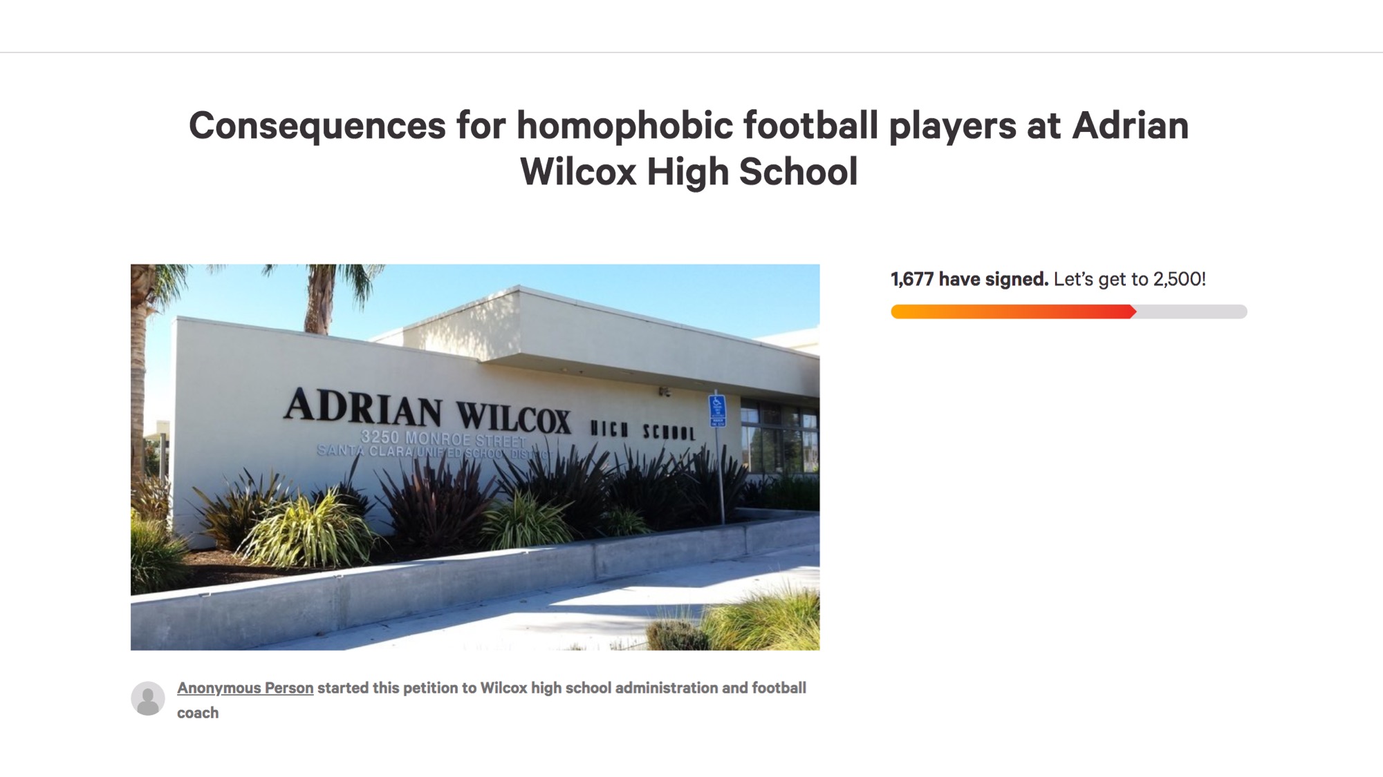 At a Wilcox High School football game, a male cheerleader may have been verbally harassed by football players. A petition has started.