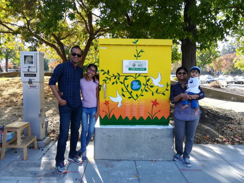 Khushi Kolte, a 7th grader at Horner Junior High School, has painted art on a Santa Clara utility box through the City's Utility Art Box Program.