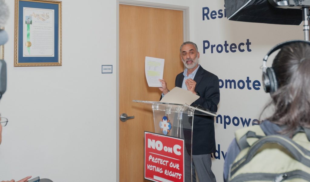 California Secretary of State Alex Padilla, Santa Clara Council Member Raj Chahal, and others hold a conference to ask voters to vote no on Measure C.