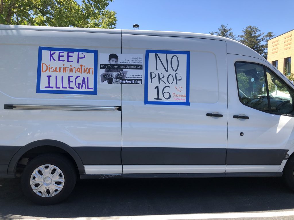 A local group held a Car Parade to oppose Proposition 16. Prop 16 is designed to repeal Proposition 209. Prop 209 was passed to lessen discrimination.