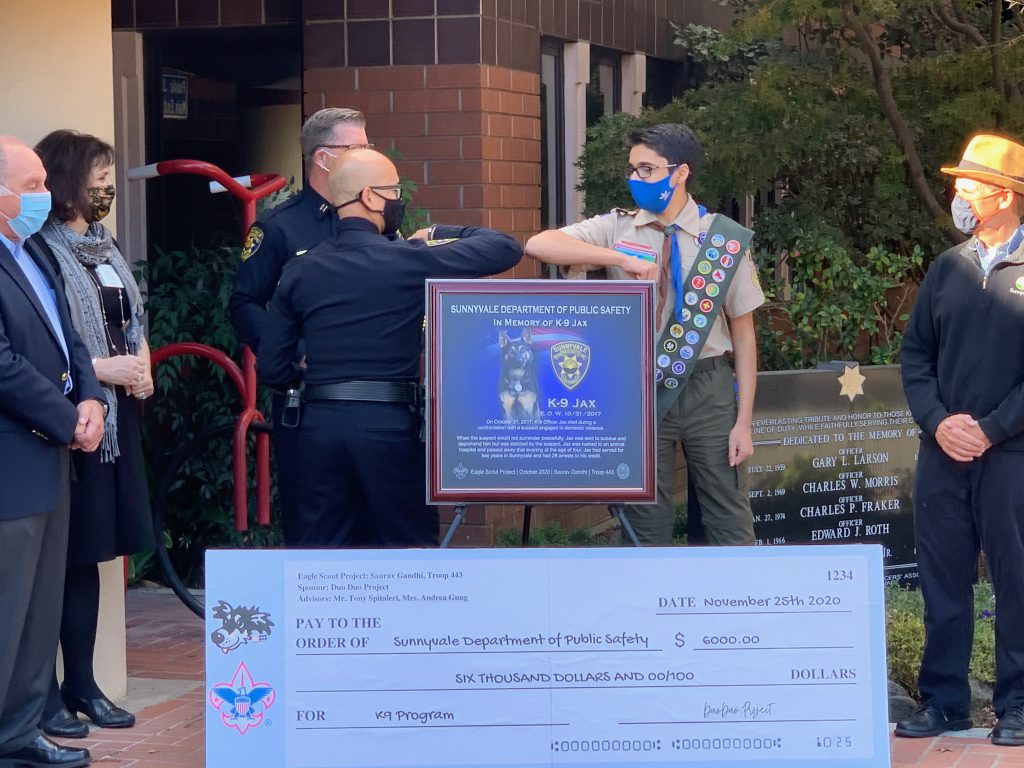 Sunnyvale Eagle Scout Saurav Gandhi has donated $6,000 to the Sunnyvale Department of Public Safety's K-9 program in honor of K-9 Officer Jax.