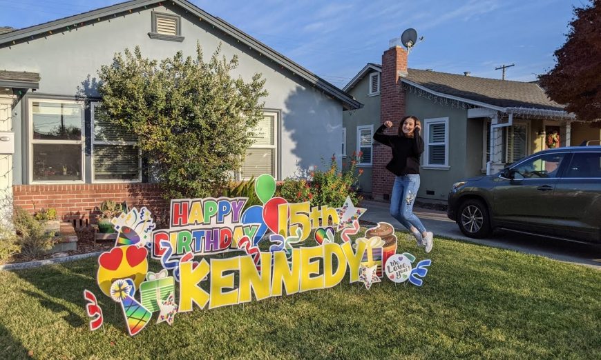 Leigh Gass founded Party Yardy to bring the Yard Card trend, something popular in the South, to the Bay Area. She does lawns in the Rivermark neighborhood.