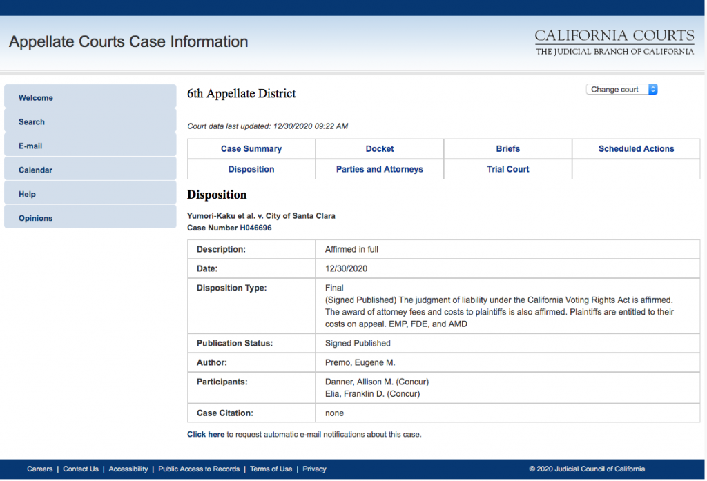 The City of Santa Clara has lost it's CVRA appeal. The California Appeals Court and its judges upheld the Superior Court's findings.