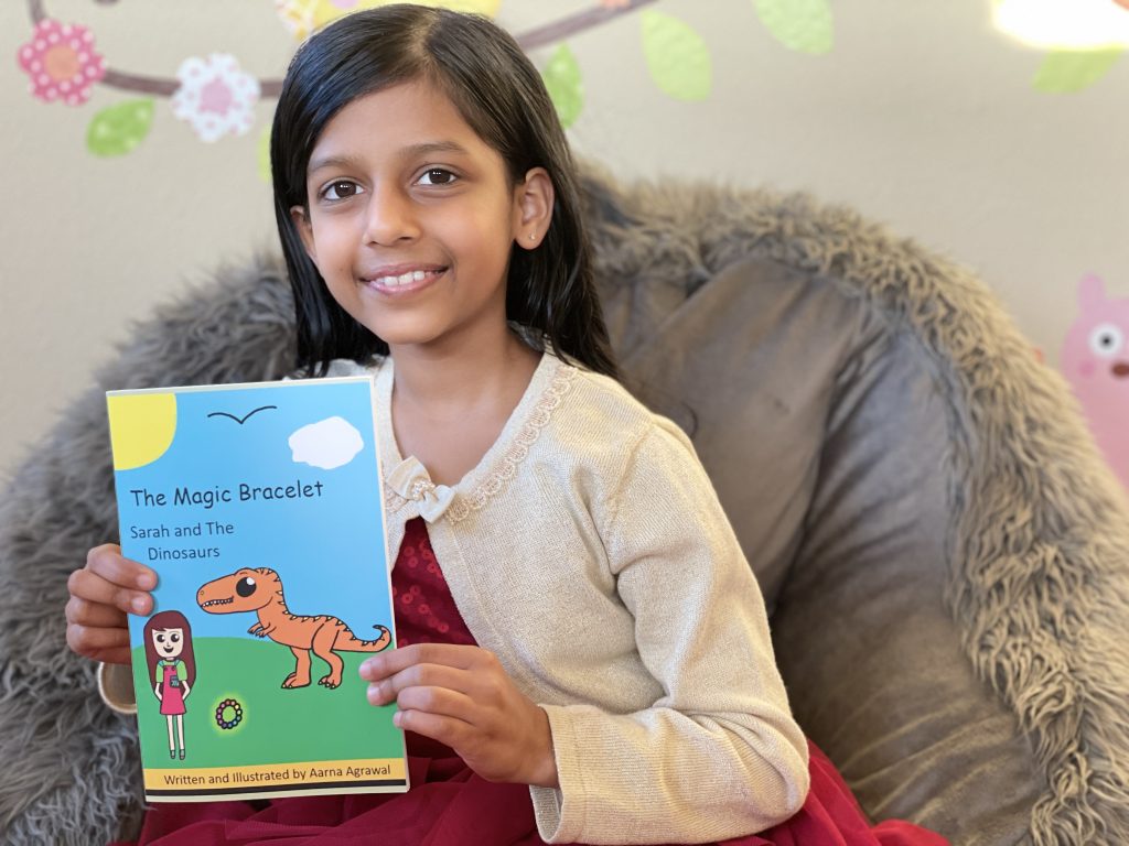 Aarna Agrawal is a self-published author at the age of eight. Her children's book is called "The Magic Bracelet Sarah and The Dinosaurs."