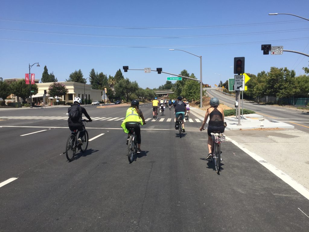 Cyclists take to El Camino to advocate for protected bike lanes. The event was organized by the Silicon Valley Bicycle Coalition.