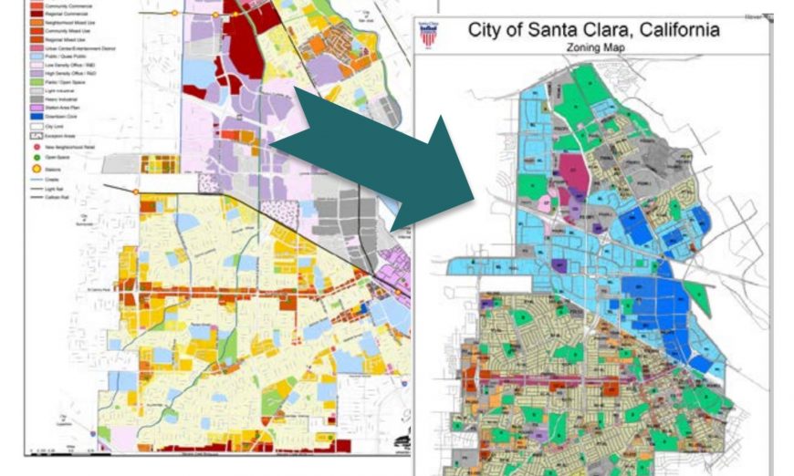 Santa Clara's Planning Commission examined the proposed zoning code update. The City must update the zoning code to be consistent with the General Plan.