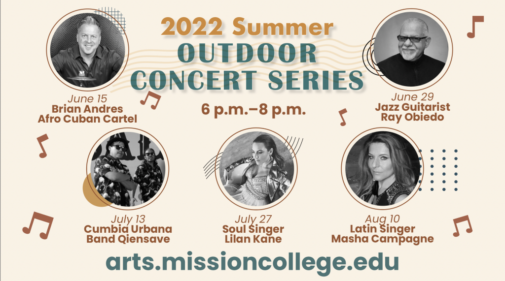 Mission College's free concert series on the plaza continues on July 13, 2022 with ¿Qiensave?, a Salinas band that plays Latin dance music.