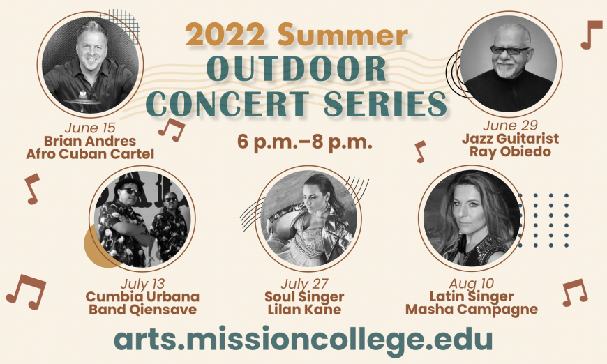 Mission College's free concert series on the plaza continues on July 13, 2022 with ¿Qiensave?, a Salinas band that plays Latin dance music.