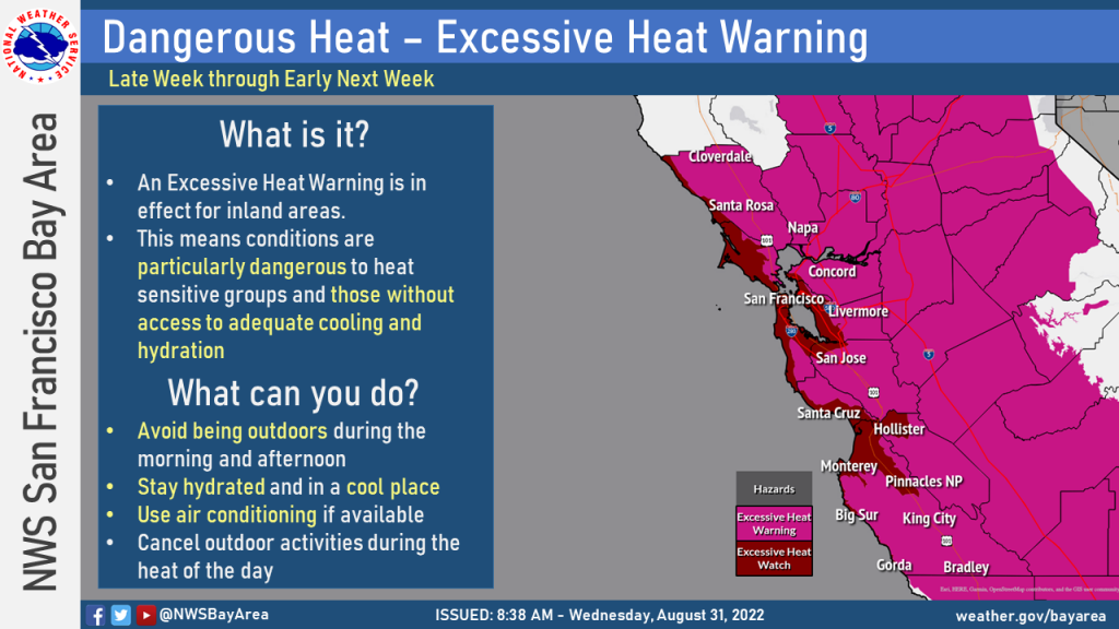 Santa Clara County cooling centers are now open; the National Weather Service has issued a excessive heat watch through Sept. 7.