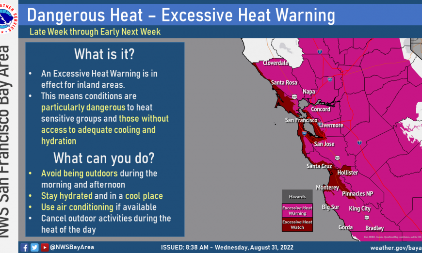 Santa Clara County cooling centers are now open; the National Weather Service has issued a excessive heat watch through Sept. 7.