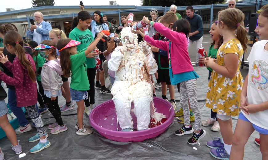 Thanks to strong fundraising efforts, Sutter Elementary School students got to turn their principal and teacher into human ice cream sundaes.