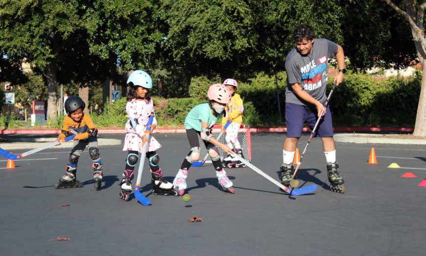 Since 2000, the Rivermark Skaters have met biweekly thanks to Rohit Bhasin, who teaches the kids to rollerskate and leads them in games of pickup hockey.
