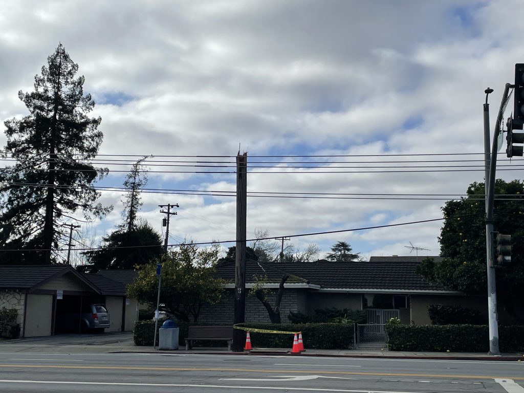 Strong winds broke power poles along Homestead Road, forcing families to shelter in place while crews repaired the damage.