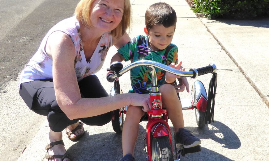Take a moment to meet Debbie Groth and her grandson, who enjoy walking and riding through their neighborhood in Santa Clara.