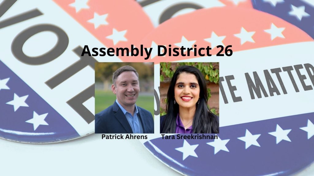 District 26 assembly candidates Patrick Ahrens and Tara Sreekrishnan talk about the biggest issues facing their district and its residents.