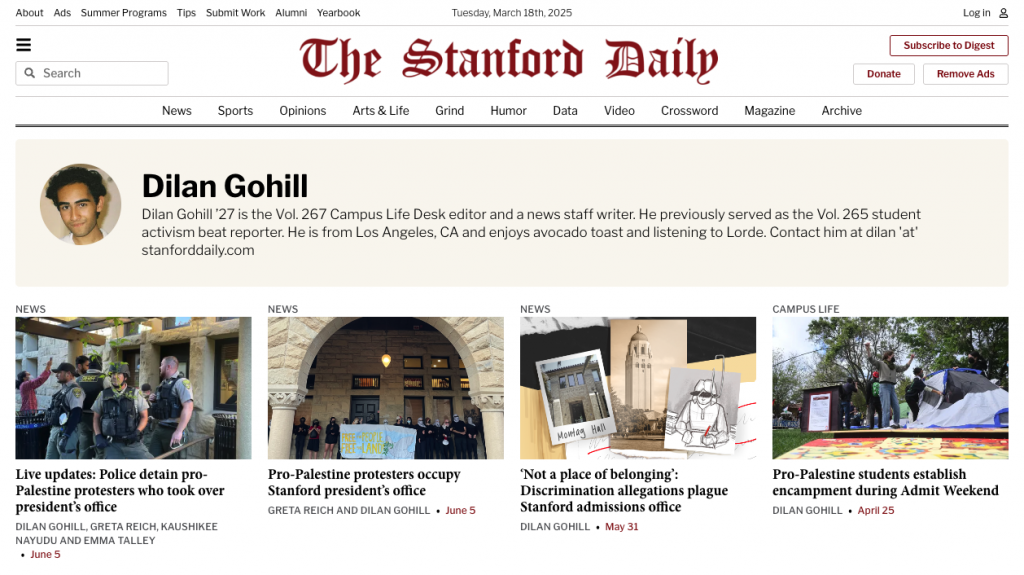 The District Attorney's office won't file charges against Stanford student journalist Dilan Gohill for trespassing while covering a student protest.