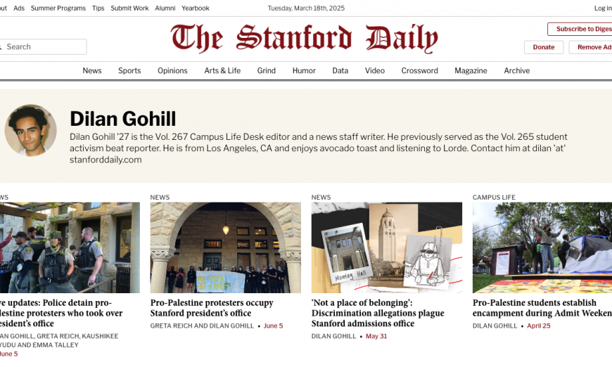 The District Attorney's office won't file charges against Stanford student journalist Dilan Gohill for trespassing while covering a student protest.