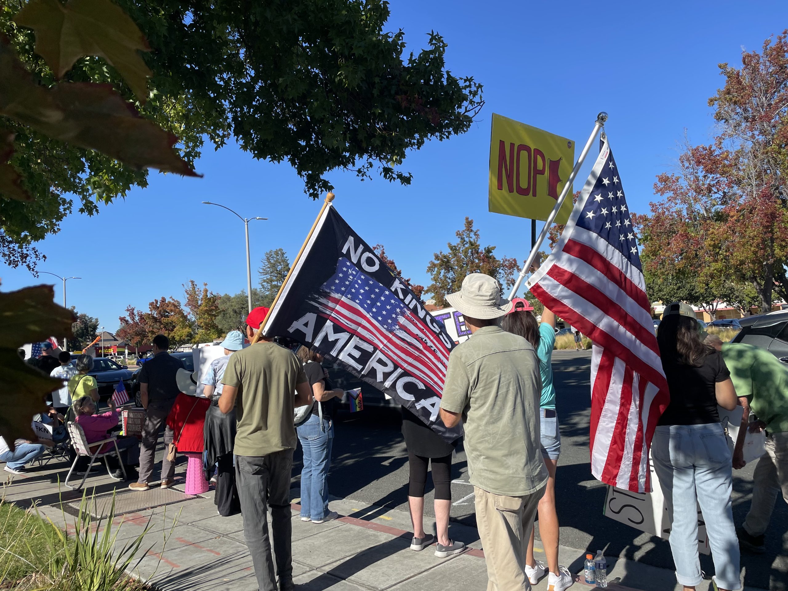 Thousands of demonstrators lined El Camino Real from Sunnyvale to Palo Alto on Oct. 18 to take part in a No Kings protest.