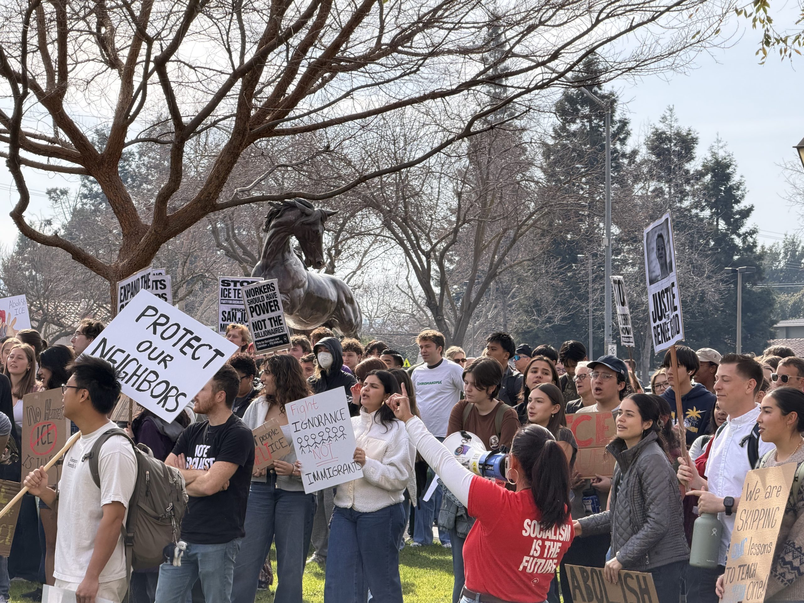 Santa Clara University students, faculty and local community members gathered on Jan. 30 as part of a national day of action against ICE.
