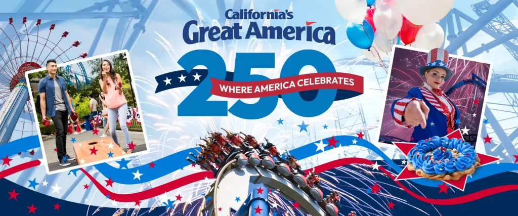 Celebrate America's 250th — Friday, July 3 – Thursday, July 16 at California’s Great America, Santa Clara
Star-Spangled Nights Fireworks: Friday, July 3 and Saturday, July 4 at 9:40 p.m.