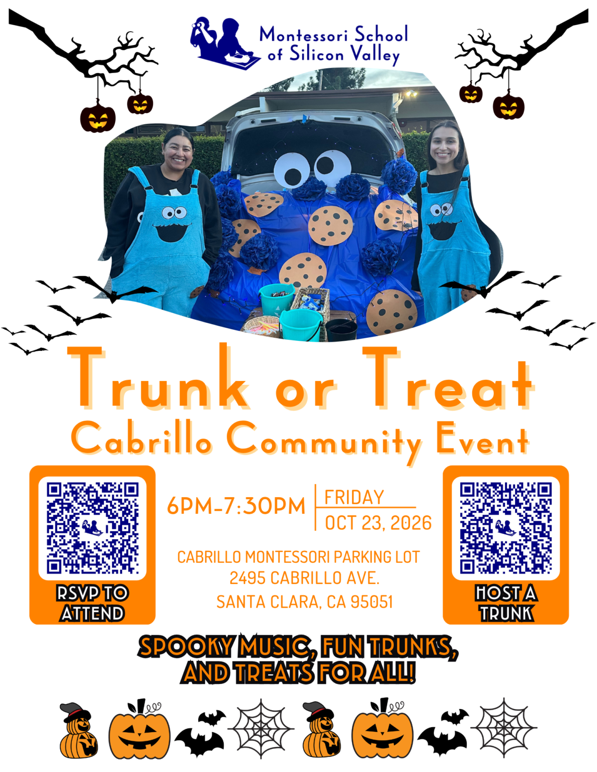 Cabrillo’s Trunk or Treat — 6 p.m. – 7:30 p.m. at Cabrillo Montessori Parking Lot (2495 Cabrillo Ave, Santa Clara)